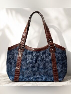Coldwater Creek Blue Woven Tote Bag Brown Croc Embossed Shoulder Handbag